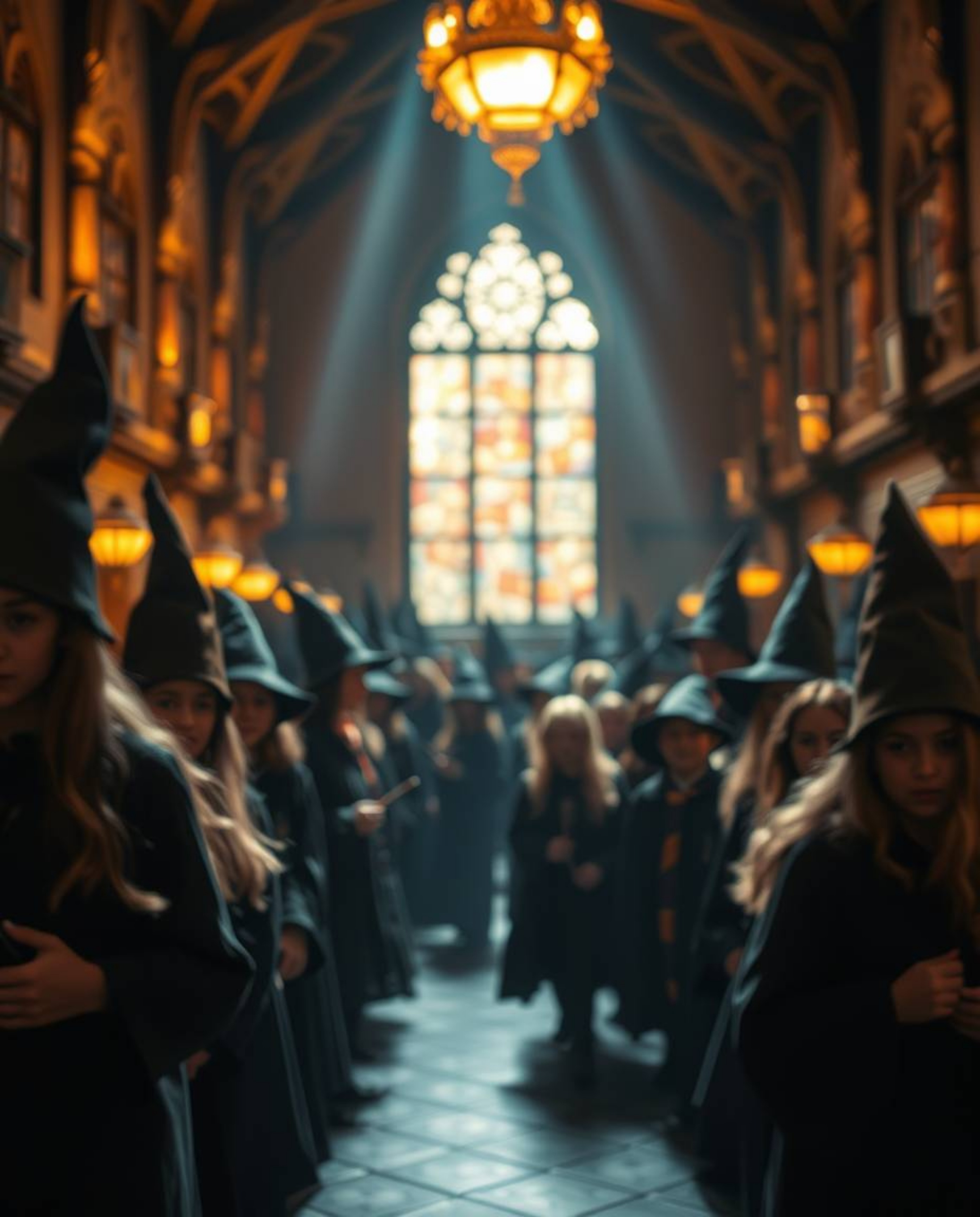 Explore a mesmerizing magical school teeming with young wizards, bathed in a warm, golden glow and enhanced by a beautiful bl