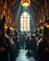 Explore a mesmerizing magical school teeming with young wizards, bathed in a warm, golden glow and enhanced by a beautiful bl