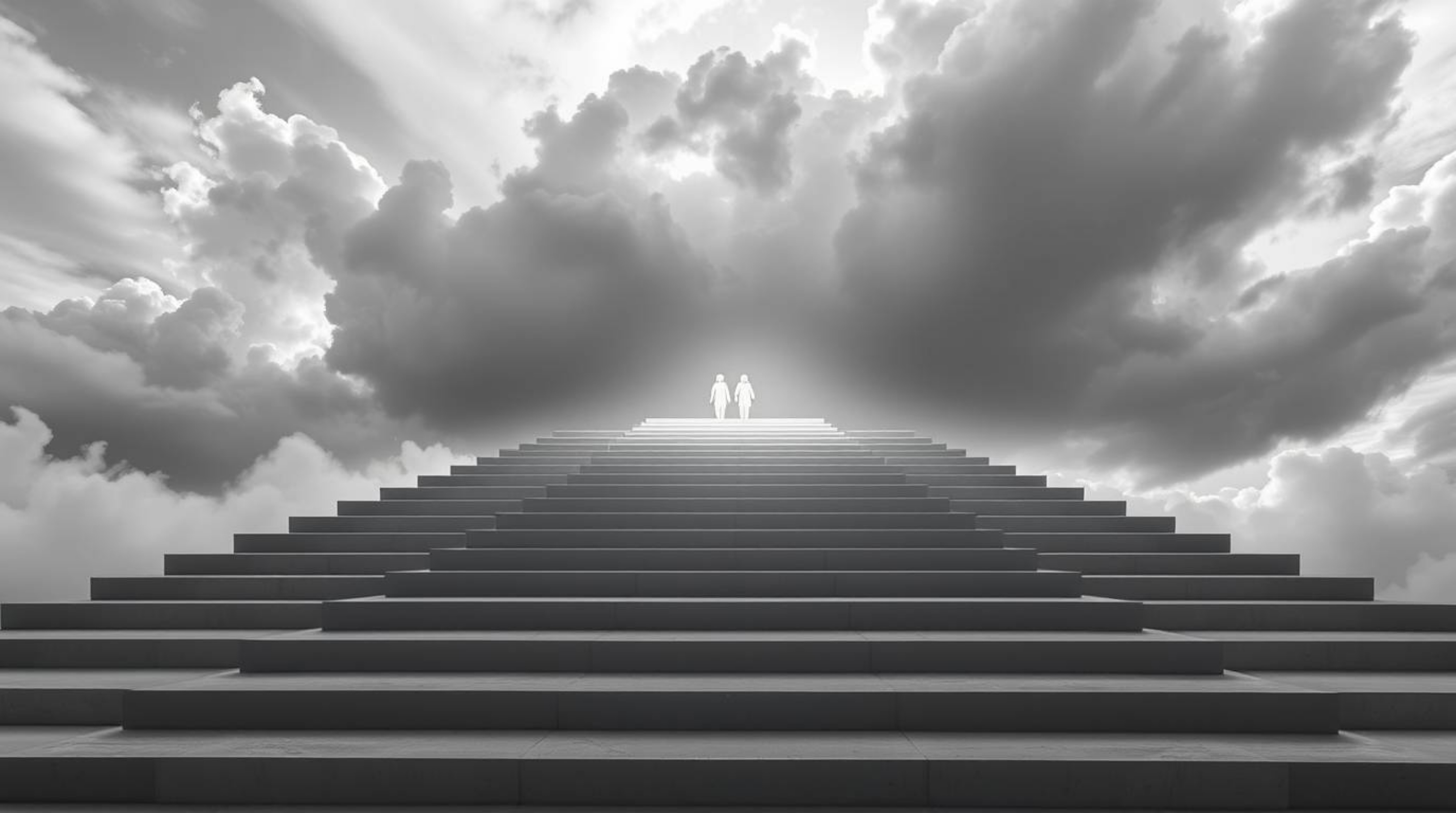 A precise architectural color photograph capturing steps of light ascending into a cloudy sky, graced by angelic figures on t