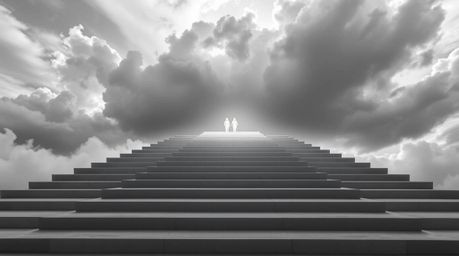 A precise architectural color photograph capturing steps of light ascending into a cloudy sky, graced by angelic figures on t