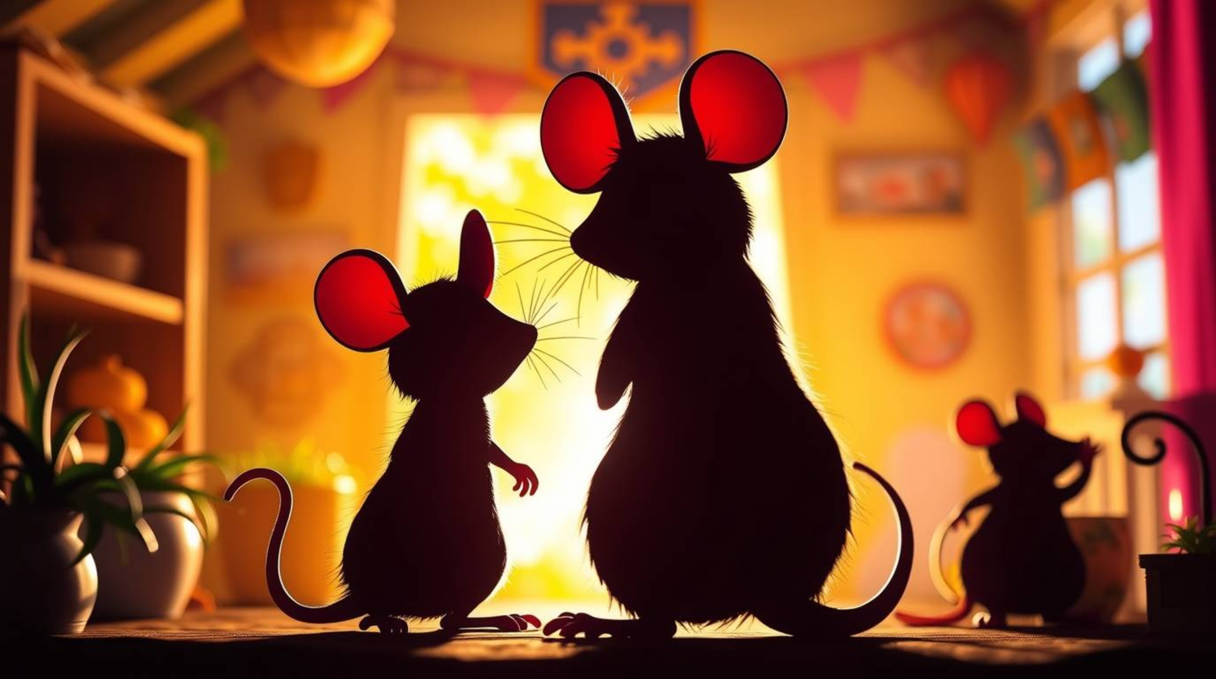 Delightful image featuring silhouetted anthropomorphic mice enjoying tea in a cozy cottage.  Vibrant colors and a bright, ene