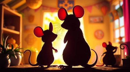 Delightful image featuring silhouetted anthropomorphic mice enjoying tea in a cozy cottage.  Vibrant colors and a bright, ene