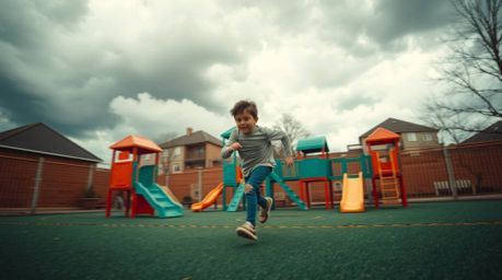 A captivating photo showcasing a dramatic slow-motion run through a playground under stormy skies. The image features a strik