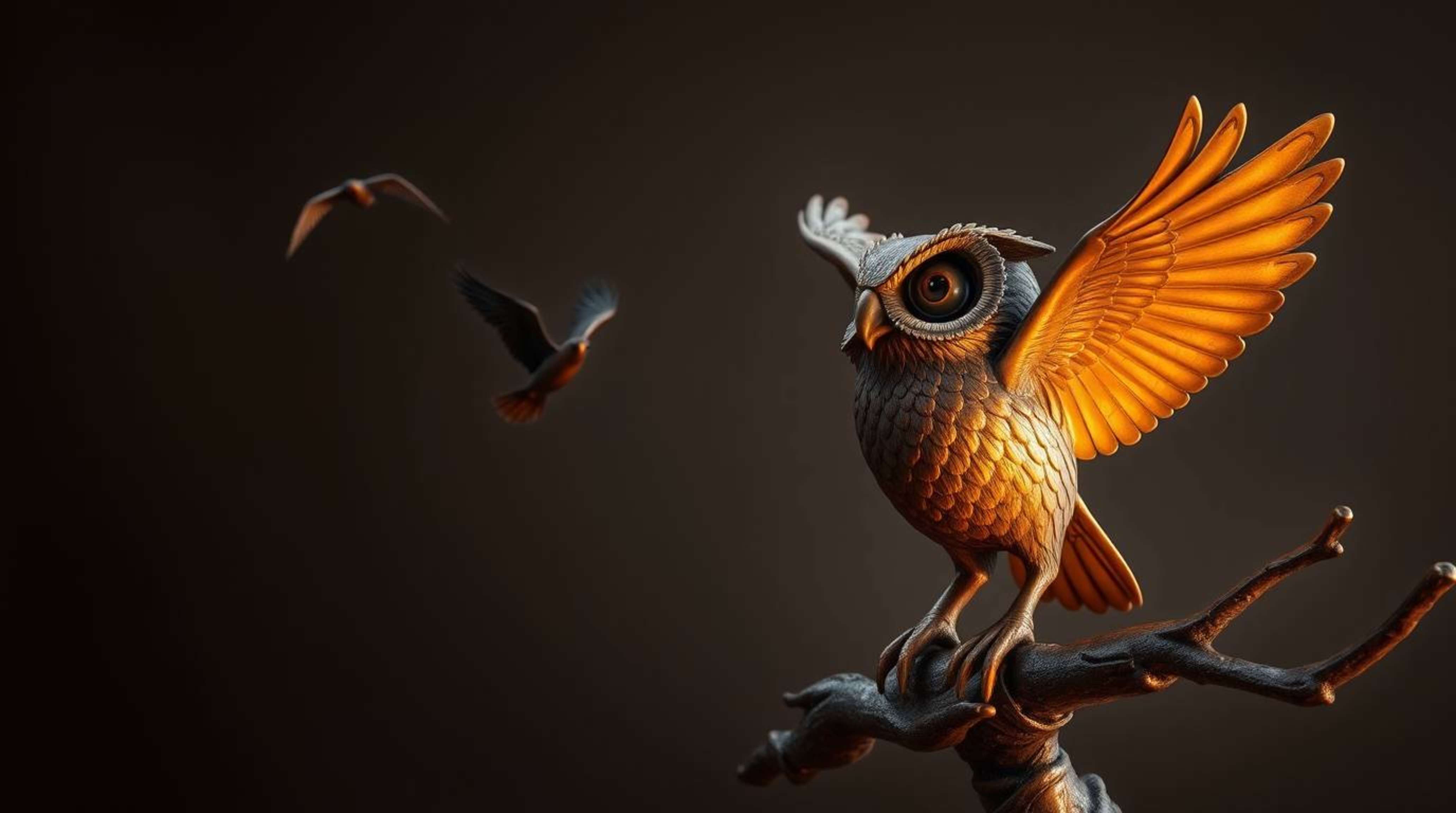 This captivating bronze sculpture depicts a Pixar-style blind owl, embodying wisdom and guidance as it teaches birds to fly. 