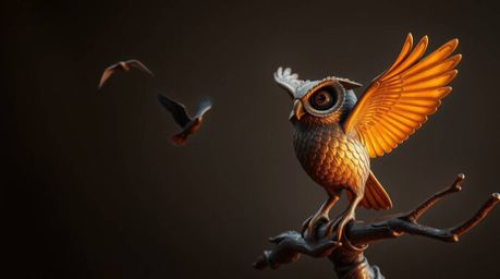 This captivating bronze sculpture depicts a Pixar-style blind owl, embodying wisdom and guidance as it teaches birds to fly. 