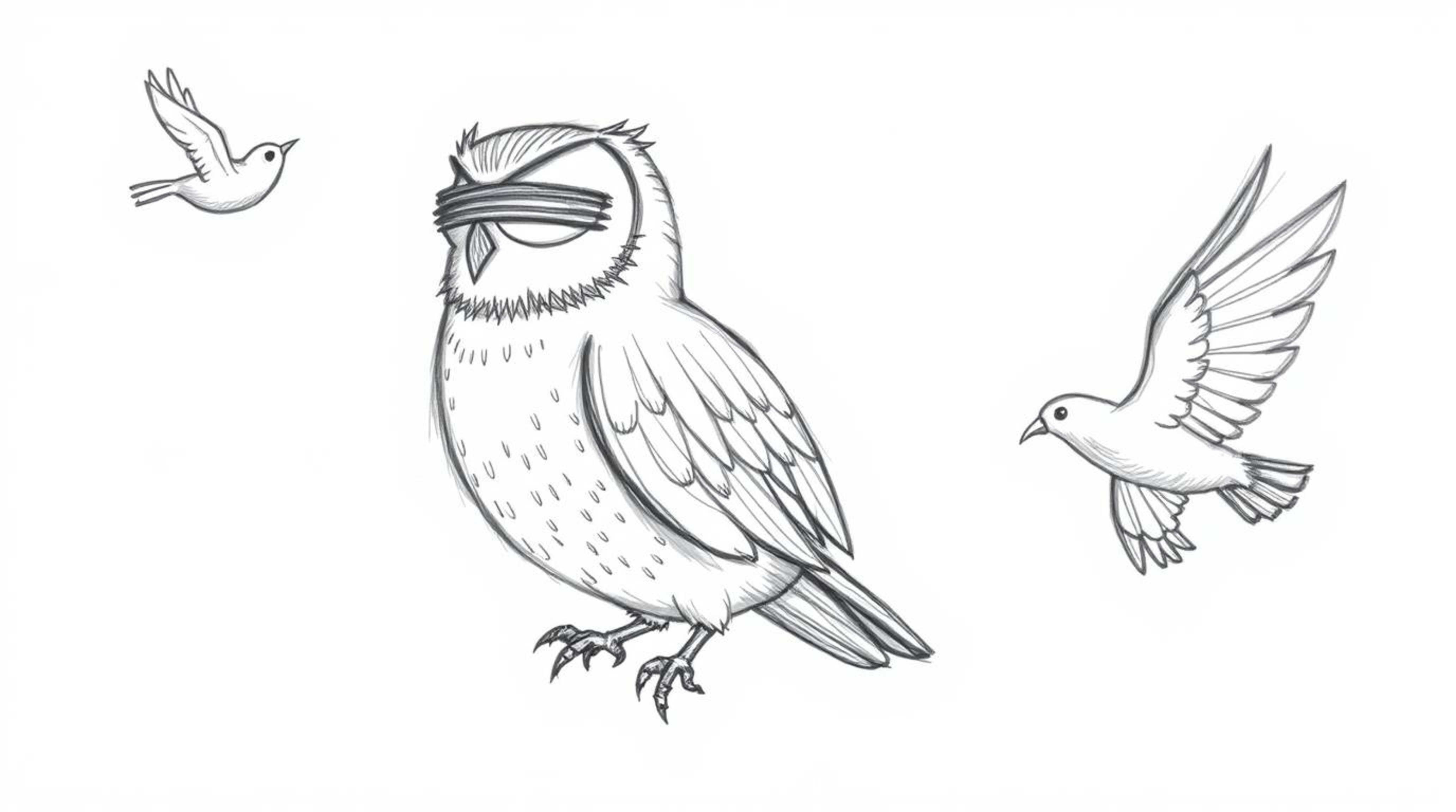 A captivating hand-drawn sketch depicts a blind owl, rendered in a Pixar-esque style with textured pencil strokes.  Despite i