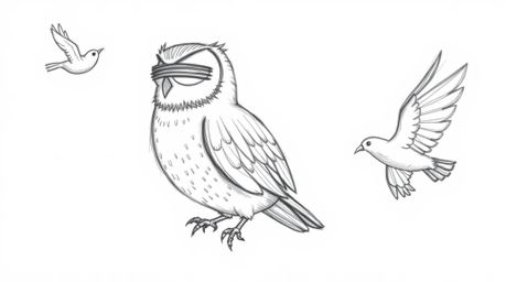 A captivating hand-drawn sketch depicts a blind owl, rendered in a Pixar-esque style with textured pencil strokes.  Despite i