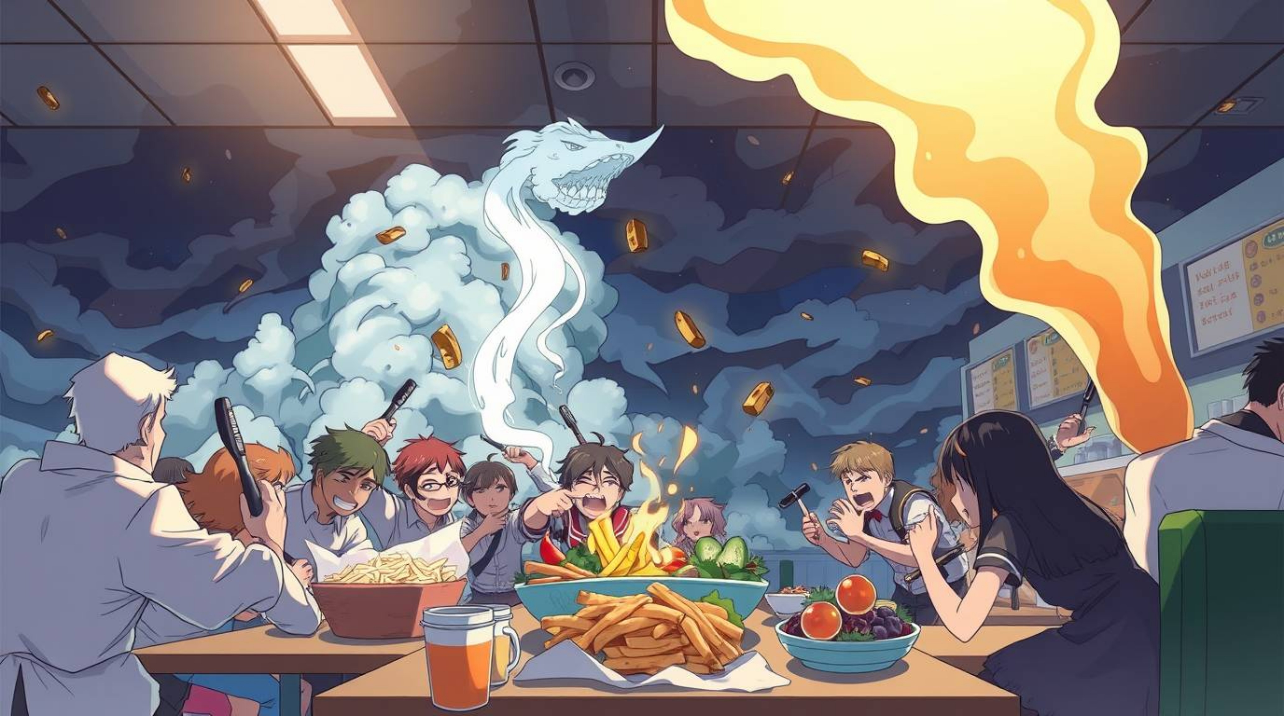 Experience a chaotic and vibrant anime-style illustration of a wild food fight erupting in a cartoon cafeteria.  Set against 