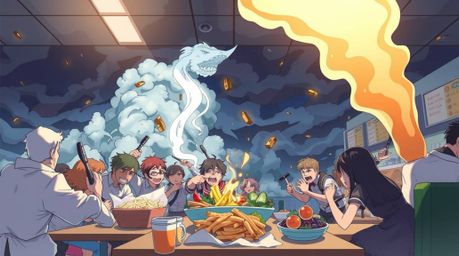 Experience a chaotic and vibrant anime-style illustration of a wild food fight erupting in a cartoon cafeteria.  Set against 