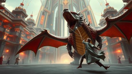 A captivating image showcasing a charming prince locked in an epic battle against a fearsome dragon. Rendered in a stunning