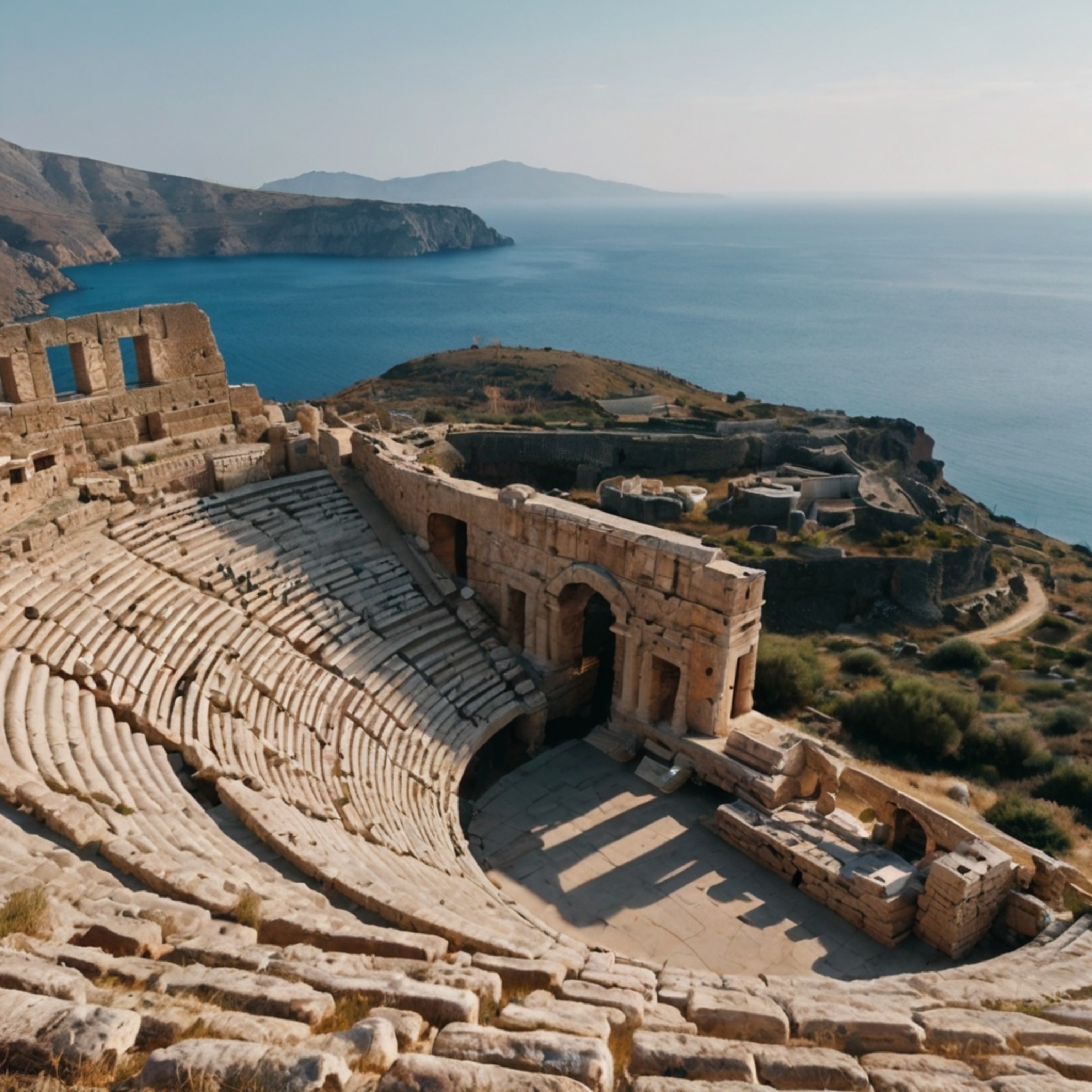 Discover a traditional Greek amphitheater dramatically situated on a hillside, offering breathtaking views of the sea. Explor