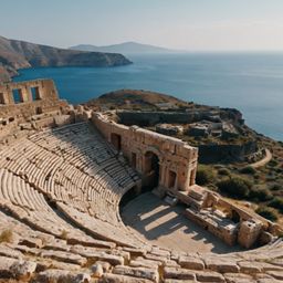 Discover a traditional Greek amphitheater dramatically situated on a hillside, offering breathtaking views of the sea. Explor