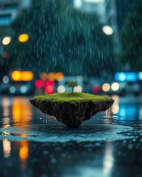 Immerse yourself in a wet, rainy scene featuring a surreal floating island brought to life with a mesmerizing blurred bokeh e