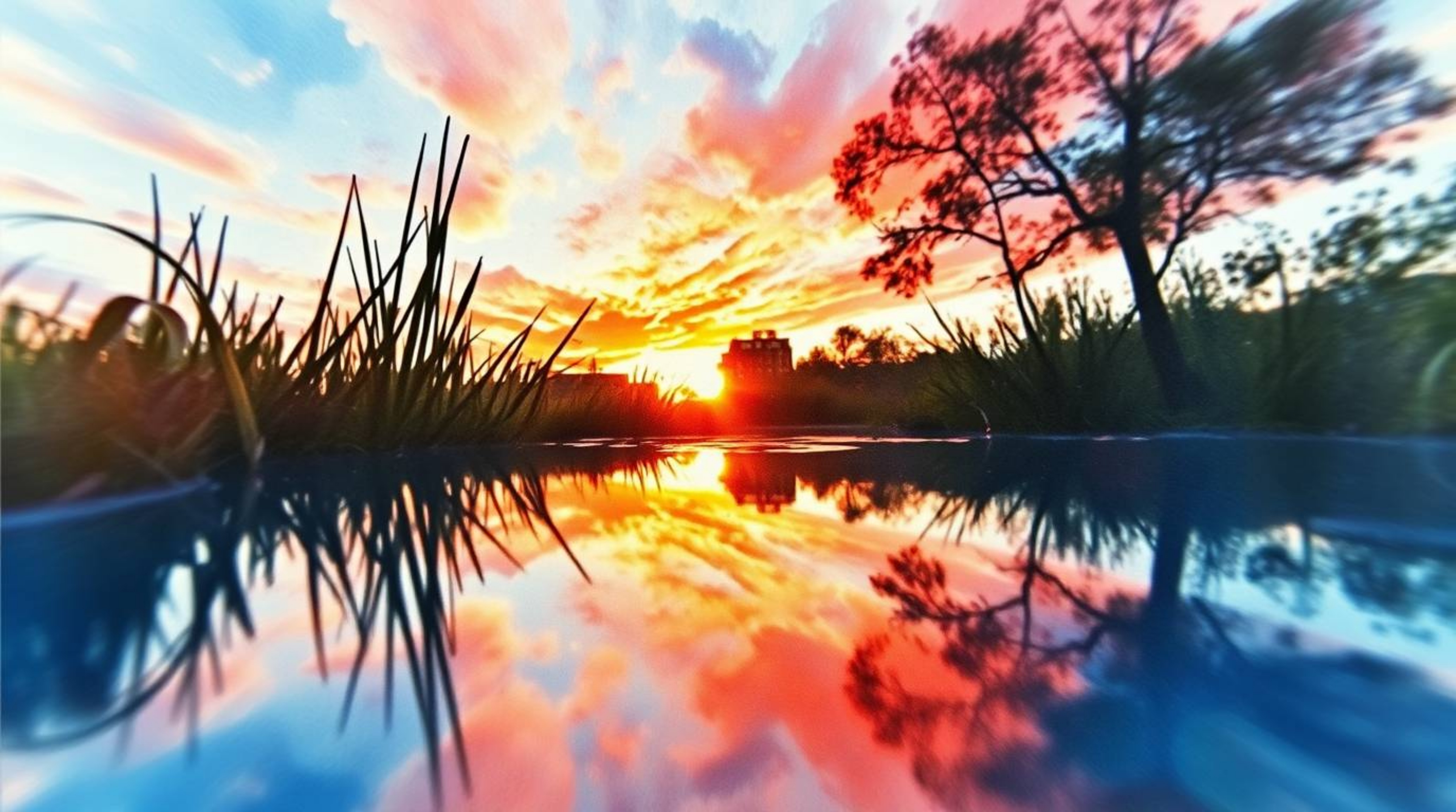 A captivating watercolor painting showcases a dramatic, upward view of a vibrant sunset reflected in a tranquil pond.  The tr