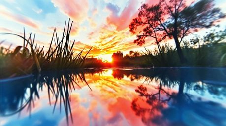 A captivating watercolor painting showcases a dramatic, upward view of a vibrant sunset reflected in a tranquil pond.  The tr