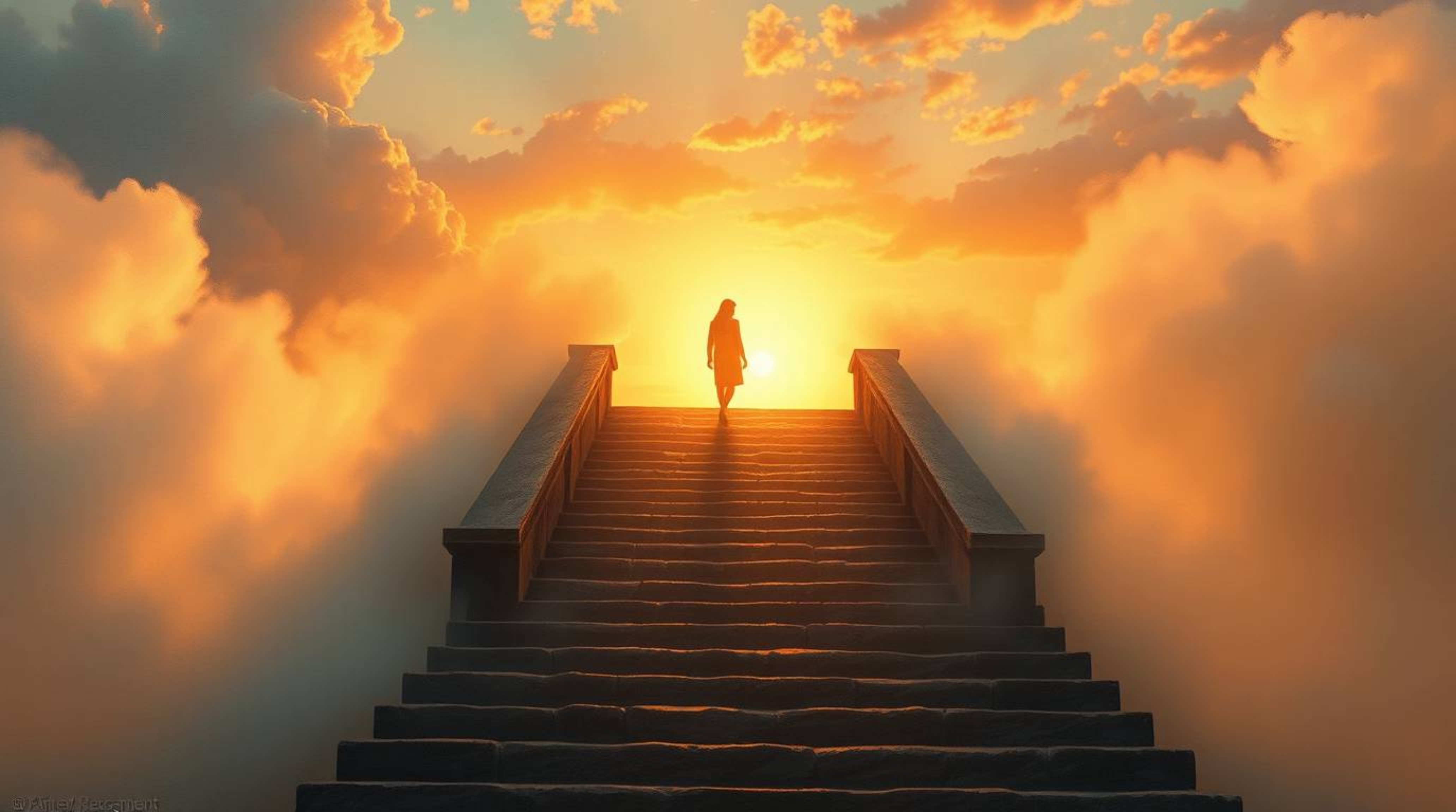 A lone figure ascends a stone staircase bathed in divine light, surrounded by thick smoke and a vibrant sunset sky. This clas