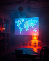 Discover a captivating cinematic image of a glowing map projected in the air within an old study.  The scene features soft ha