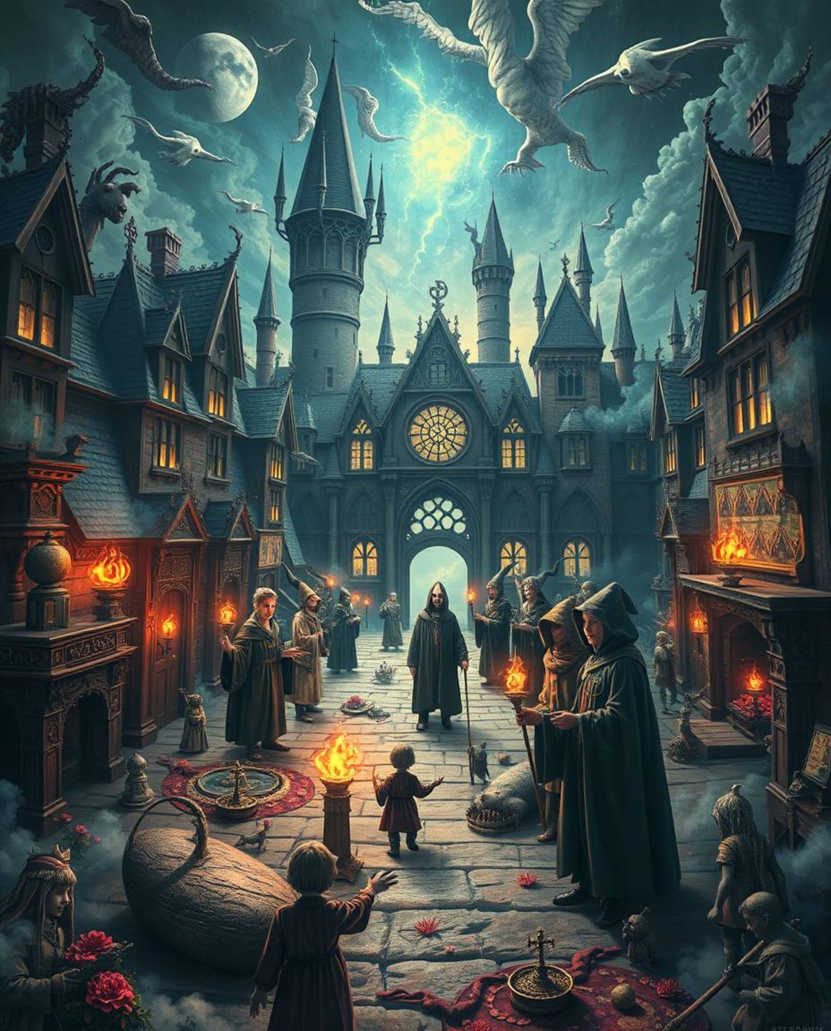Explore a dreamlike and surreal image of a magical school brimming with young wizards, showcasing fantastical elements and bi