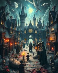 Explore a dreamlike and surreal image of a magical school brimming with young wizards, showcasing fantastical elements and bi
