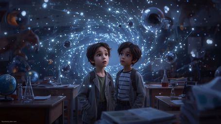 A vibrant, high-contrast cinematic photograph, reminiscent of Pixar's whimsical style, captures a dynamic duo of science fair