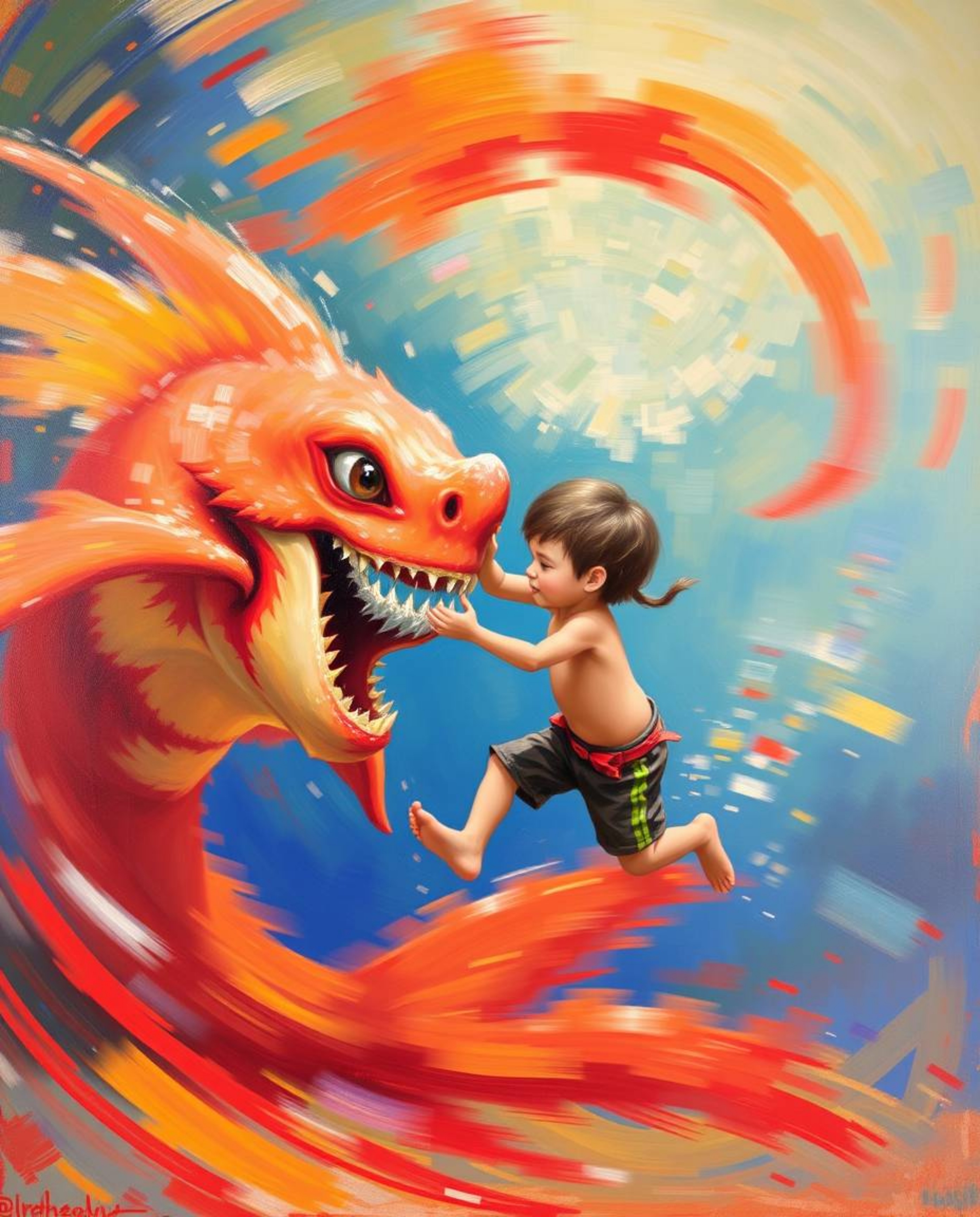 A captivating painting depicts an unlikely friendship between a vibrant sea creature and a human child.  Rendered in blurred 