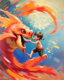 A captivating painting depicts an unlikely friendship between a vibrant sea creature and a human child. Rendered in blurred