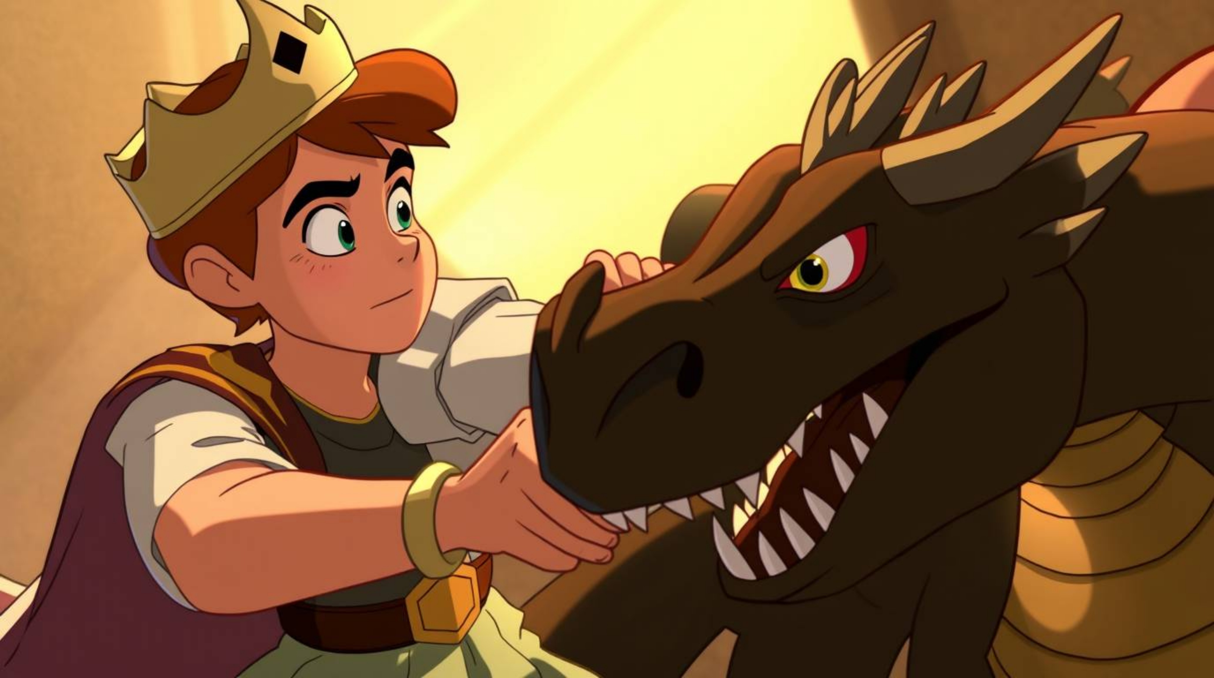 A charming prince, rendered in a captivating 1950s animation style, bravely faces a fearsome dragon. The scene is dramatical