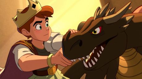 A charming prince, rendered in a captivating 1950s animation style, bravely faces a fearsome dragon. The scene is dramatical