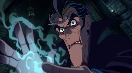 A captivating image in the style of an isekai anime, showcasing a classic Disney villain with intense eyes casting a spell wi
