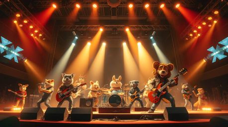 A stunning digital artwork depicts a heroic-scale band of cartoon animals rocking out on a massive stage.  Bathed in epic len