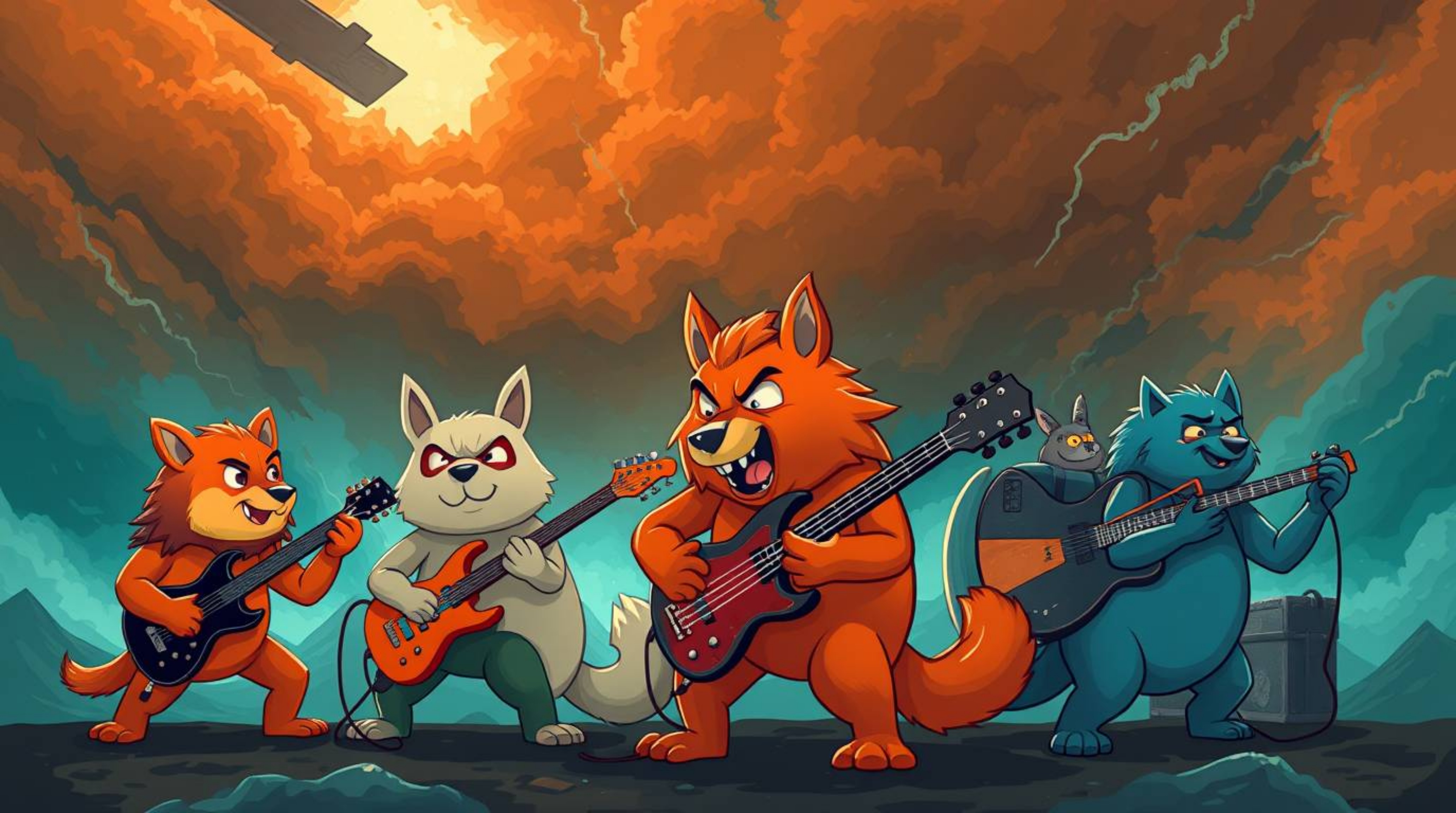 A vibrant illustration depicts a cartoon animal rock band performing amidst a dramatic, contrasting landscape.  Intense weath