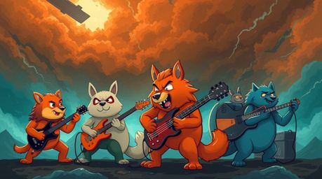 A vibrant illustration depicts a cartoon animal rock band performing amidst a dramatic, contrasting landscape.  Intense weath