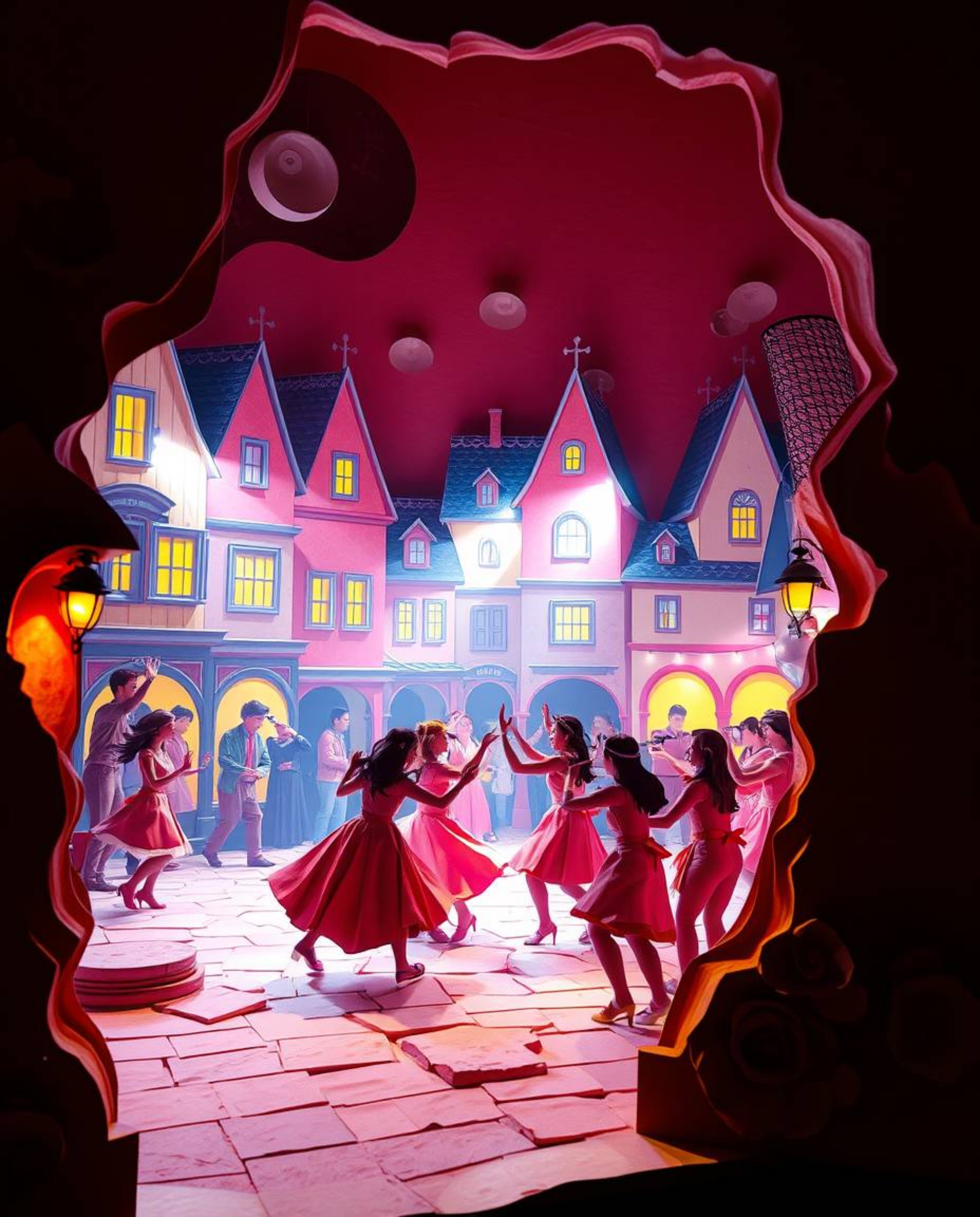 A captivating artwork depicts a musical number unfolding in a bright town square, crafted from layered papier-mâché. Creativ