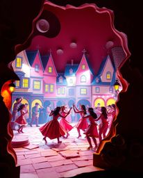 A captivating artwork depicts a musical number unfolding in a bright town square, crafted from layered papier-mâché.  Creativ