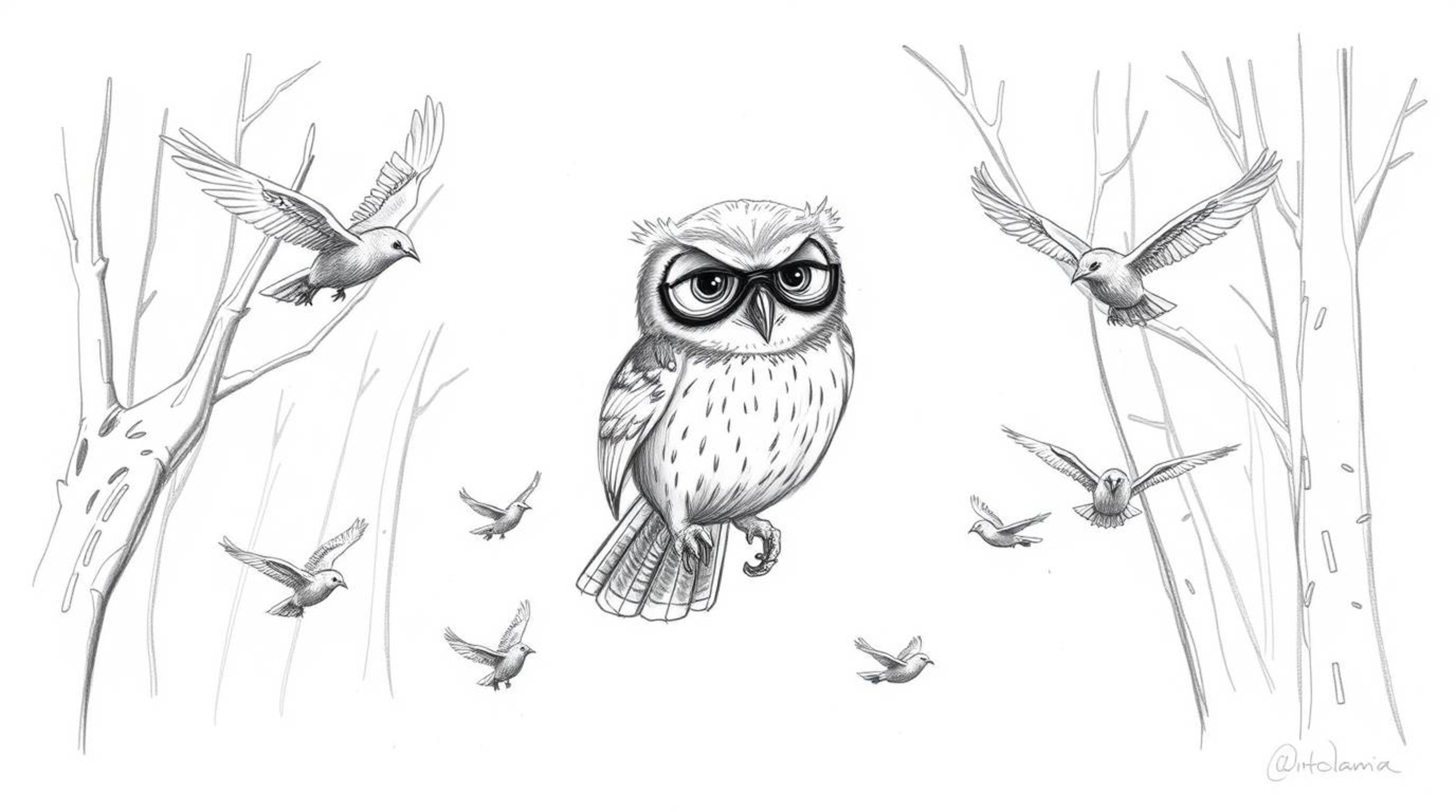 A captivating hand-drawn sketch, reminiscent of Pixar animation, depicts a blind owl subtly textured feathers, guiding small 