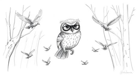 A captivating hand-drawn sketch, reminiscent of Pixar animation, depicts a blind owl subtly textured feathers, guiding small 