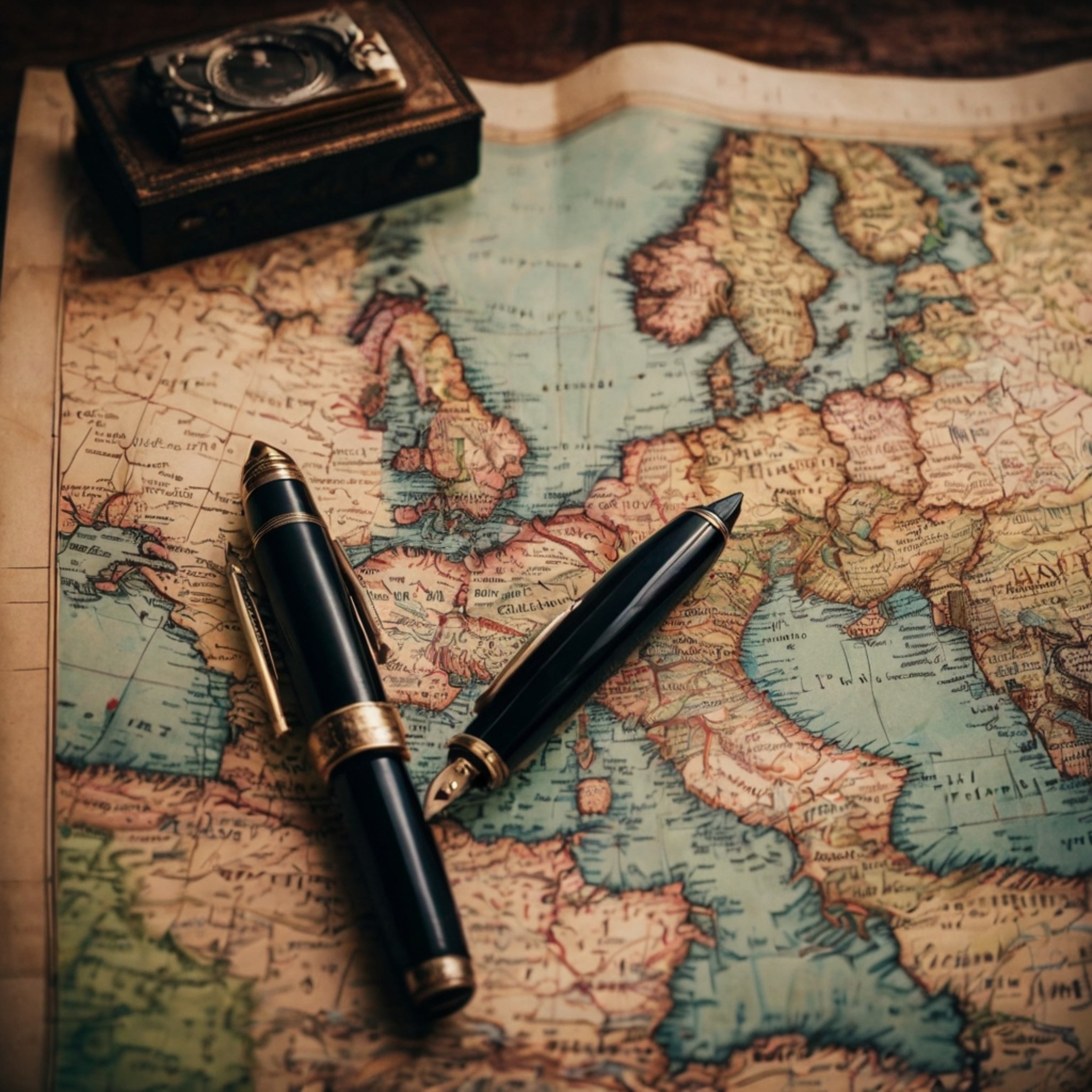 A curated collection featuring vintage postcards and a classic fountain pen, artfully arranged on a faded map of Europe. This