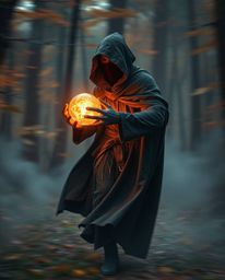 A cloaked figure is dynamically traversing a misty forest, clutching a glowing orb that illuminates the surroundings.  The wa