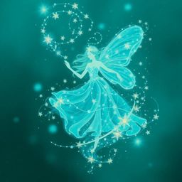 A mystical fairy godmother emerges from a swirling vortex of sparkling teal lights, set against a backdrop of rich, deep teal