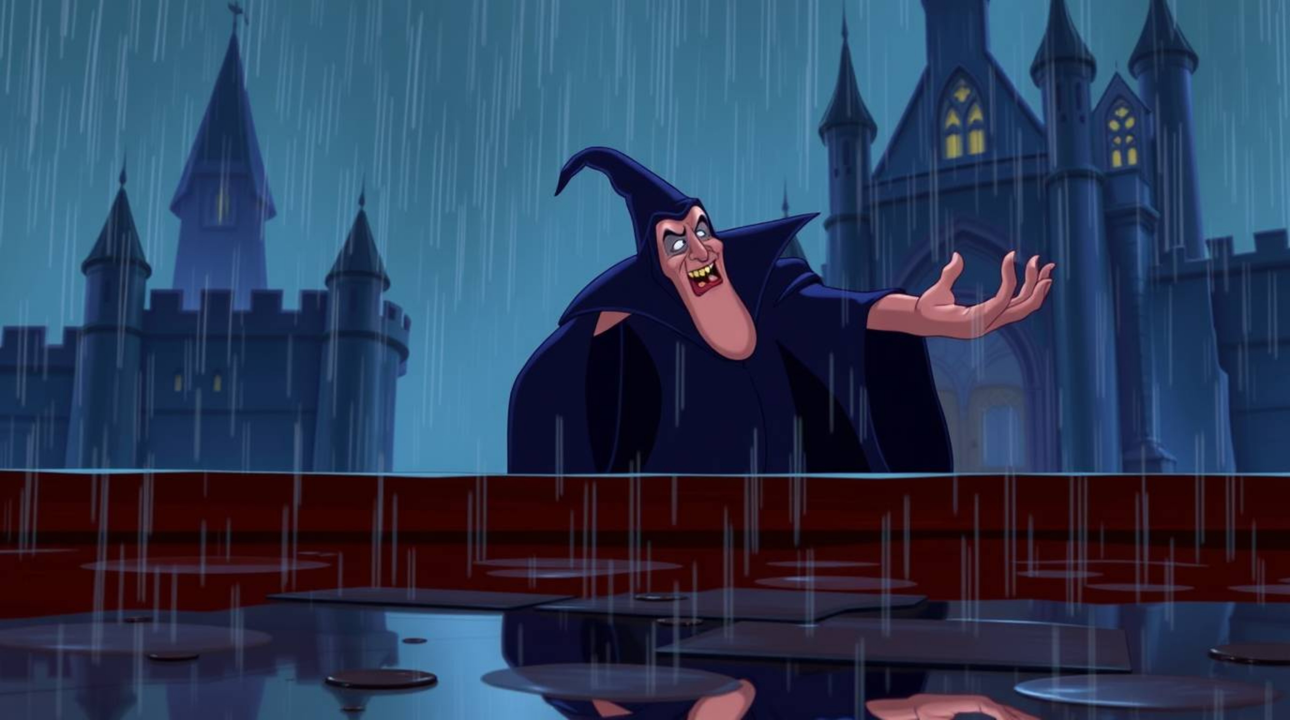 A classic Disney villain is captured in a moment of powerful spellcasting within the confines of an old, rain-soaked castle. 