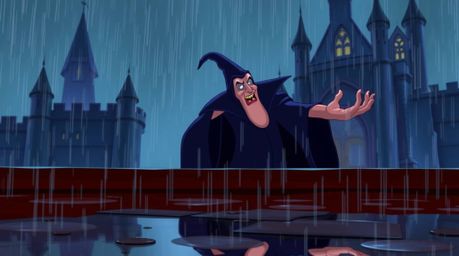 A classic Disney villain is captured in a moment of powerful spellcasting within the confines of an old, rain-soaked castle. 