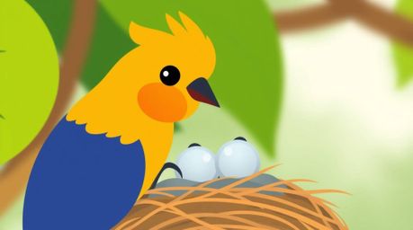 A charming illustration showcases two cartoon birds meticulously constructing a nest. Rendered in a classic animation style