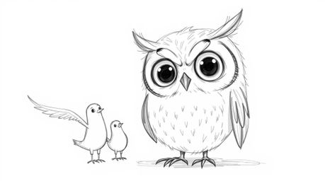 A whimsical, hand-drawn sketch in the style of Pixar depicts a blind owl with large, expressive eyes, using smell, sound, and