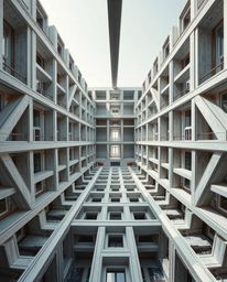 A precise architectural color photograph showcasing an Escher-style impossible geometry cube pattern. The image features shar