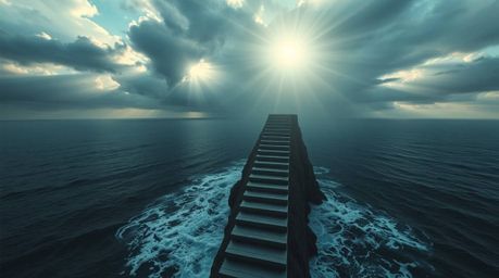 A breathtaking photograph captures a dramatic staircase rising from the ocean towards a stormy sky, illuminated by a divine s