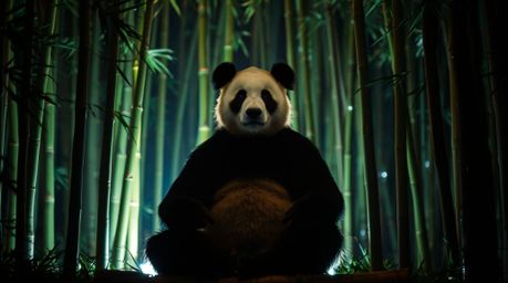 A captivating light art image depicts a martial artist panda in serene meditation within a tranquil bamboo forest.  Artistic 