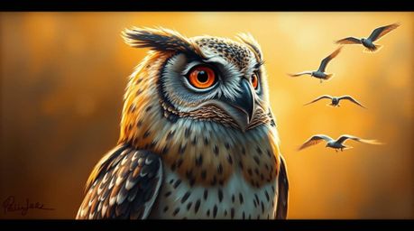 This collection showcases a series of classic oil paintings rendered in a warm golden hour light, depicting a blind owl, styl