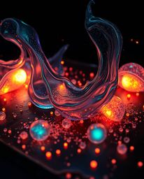 A dark and eerie scene featuring glassy fluid 3D shapes in motion, surrounded by glowing bioluminescent particles that cast a