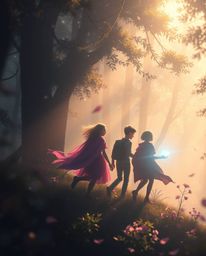 Explore a dreamy forest with a group of friends possessing unique powers, bathed in hazy soft light and artistic lighting tha