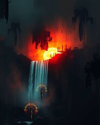 Abstract light art depicting a creepy sunset behind a waterfall. This piece features dark tones, unsettling details, artistic